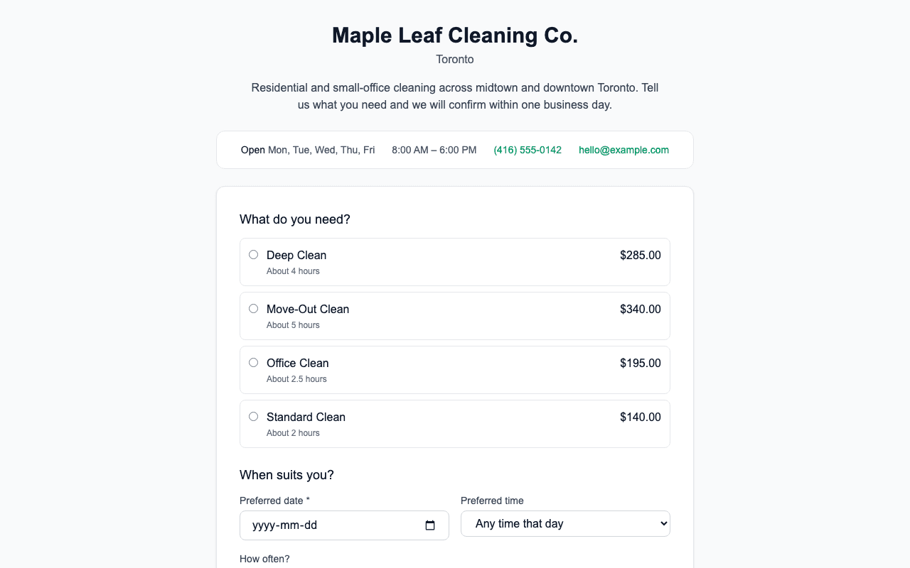 The public booking page a client sees at your booking link