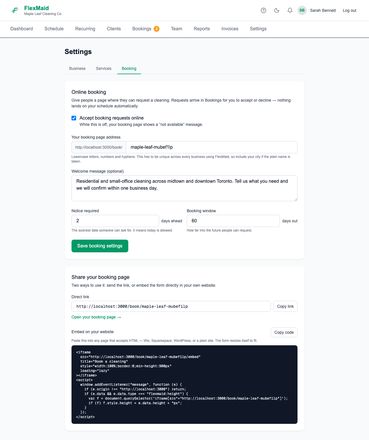 Booking settings: the online booking toggle, notice required, booking window and share links