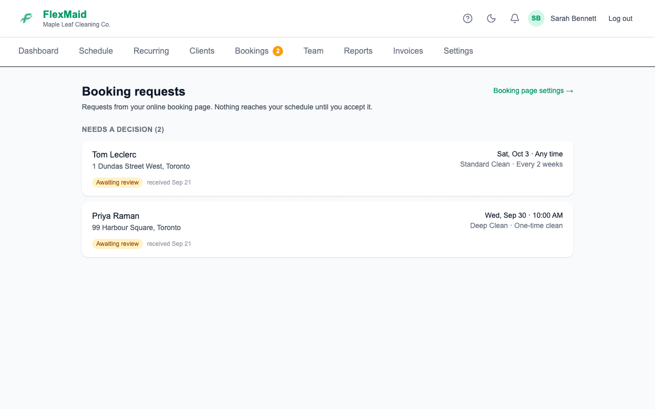 The Bookings page listing requests waiting for review