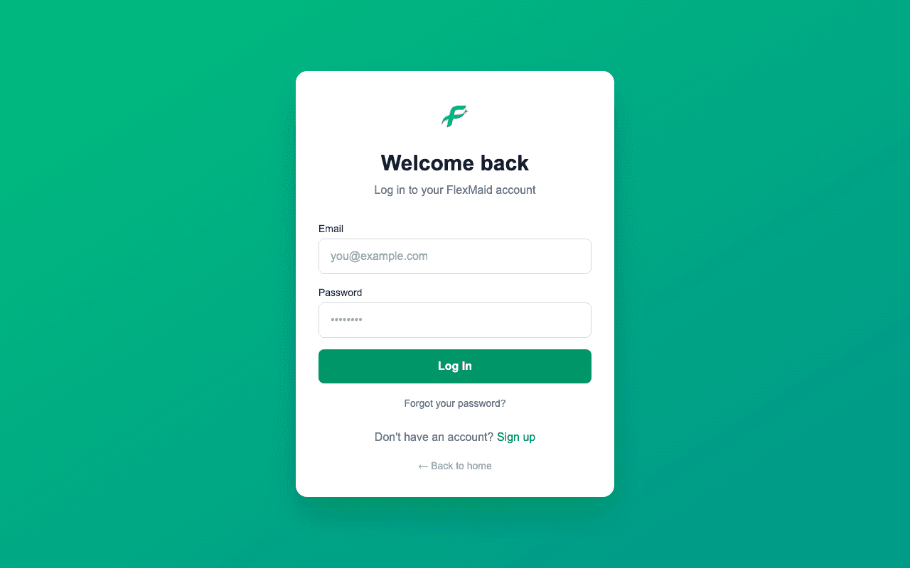 The FlexMaid login page with email and password fields