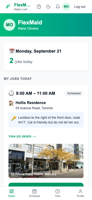 The cleaner home screen showing today's job count and each job card