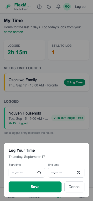 The Log Your Time dialog with start time and end time fields
