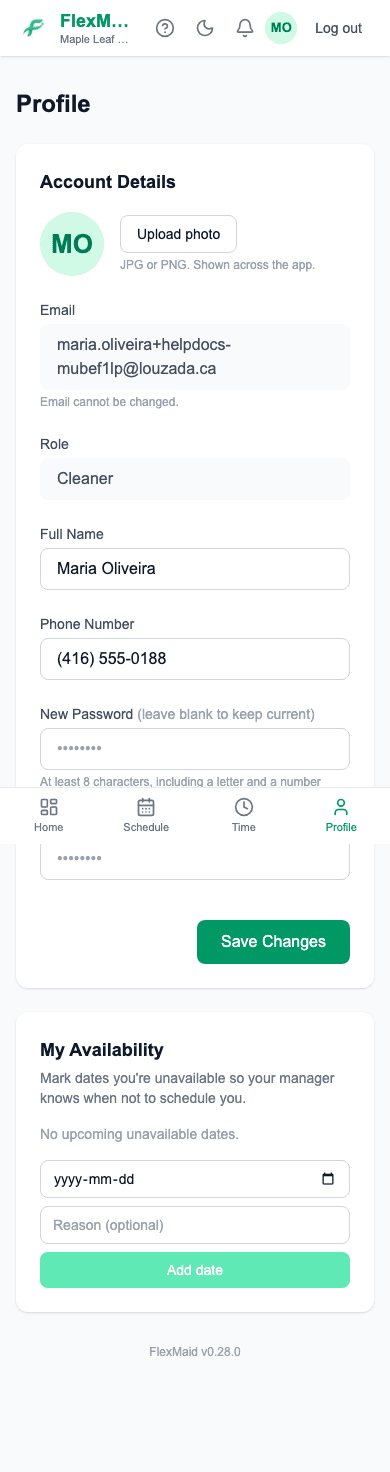 The cleaner Profile page with account details and availability