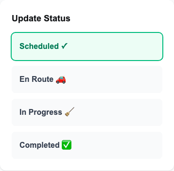 The Update Status buttons: Scheduled, En Route, In Progress and Completed