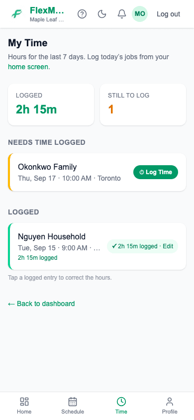 The My Time page split into Still to log and Logged