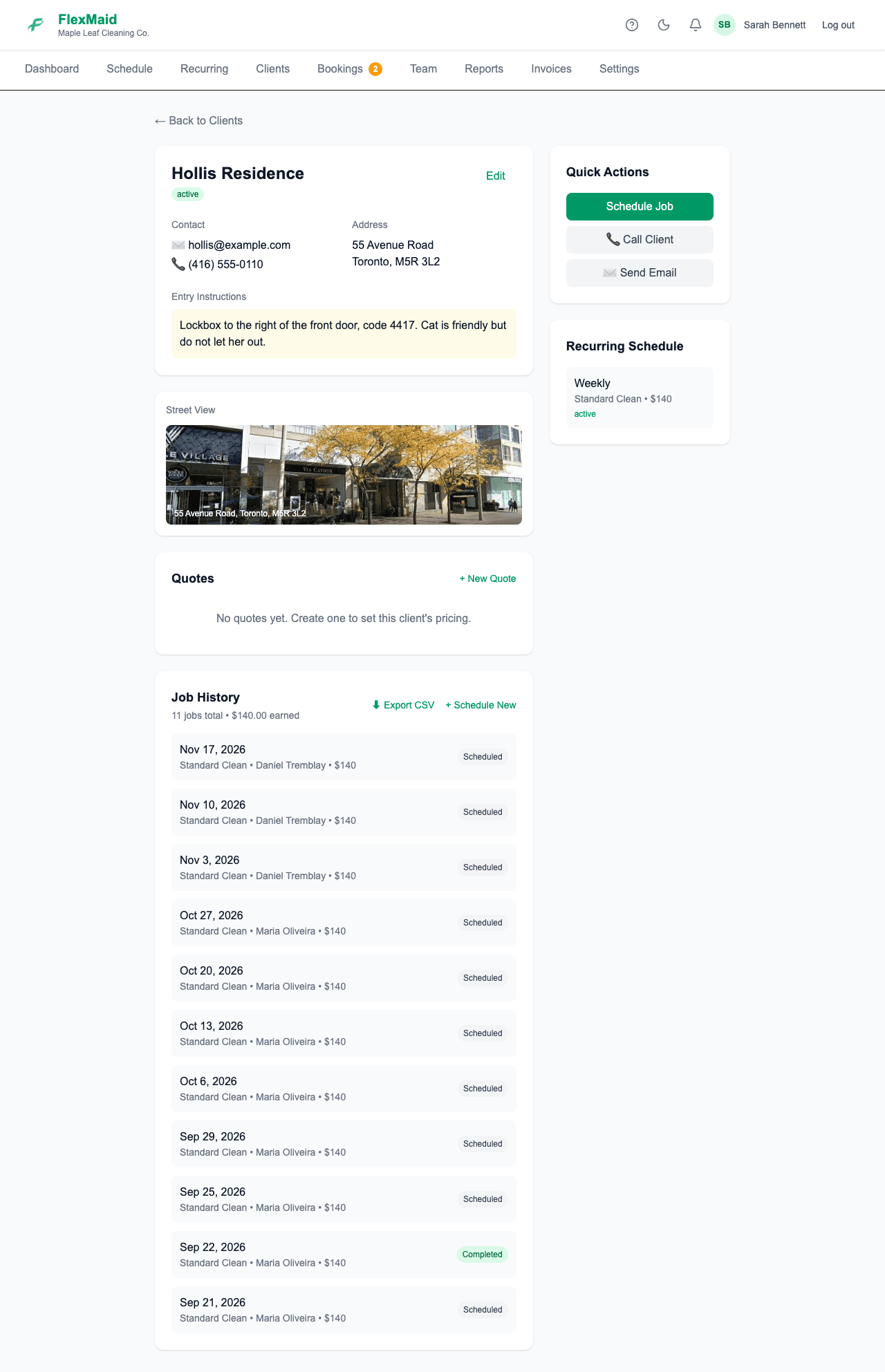 A client's detail page showing their address, contact details and job history
