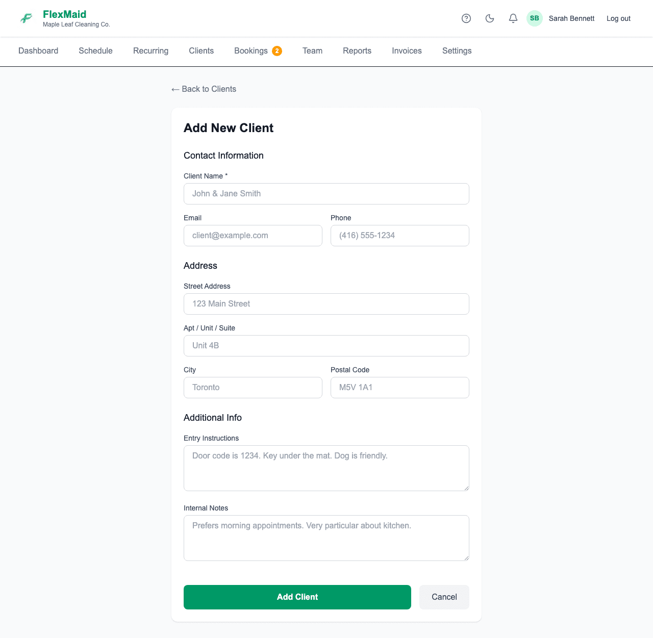 The Add New Client form with contact information and address fields