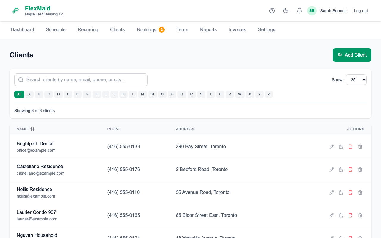 The Clients page with a searchable list of clients
