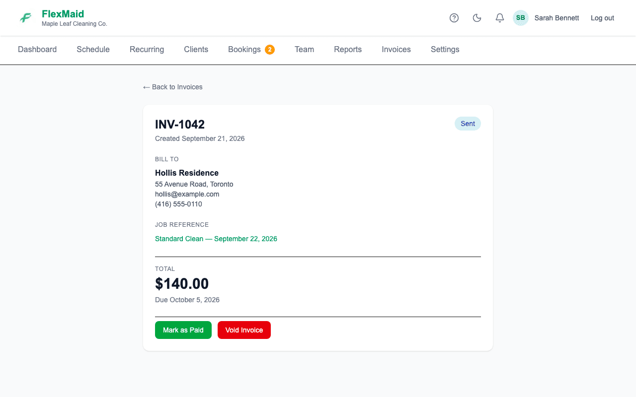 An invoice showing the bill-to details, job reference and total