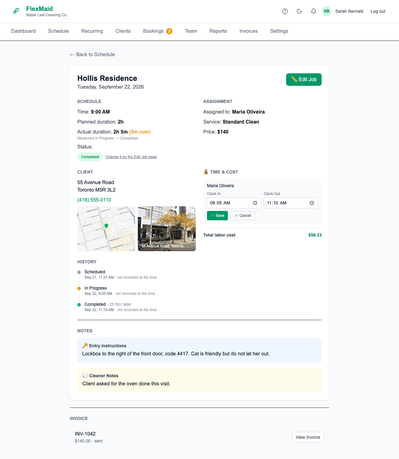 A job detail page showing the client, schedule, assigned crew and status buttons