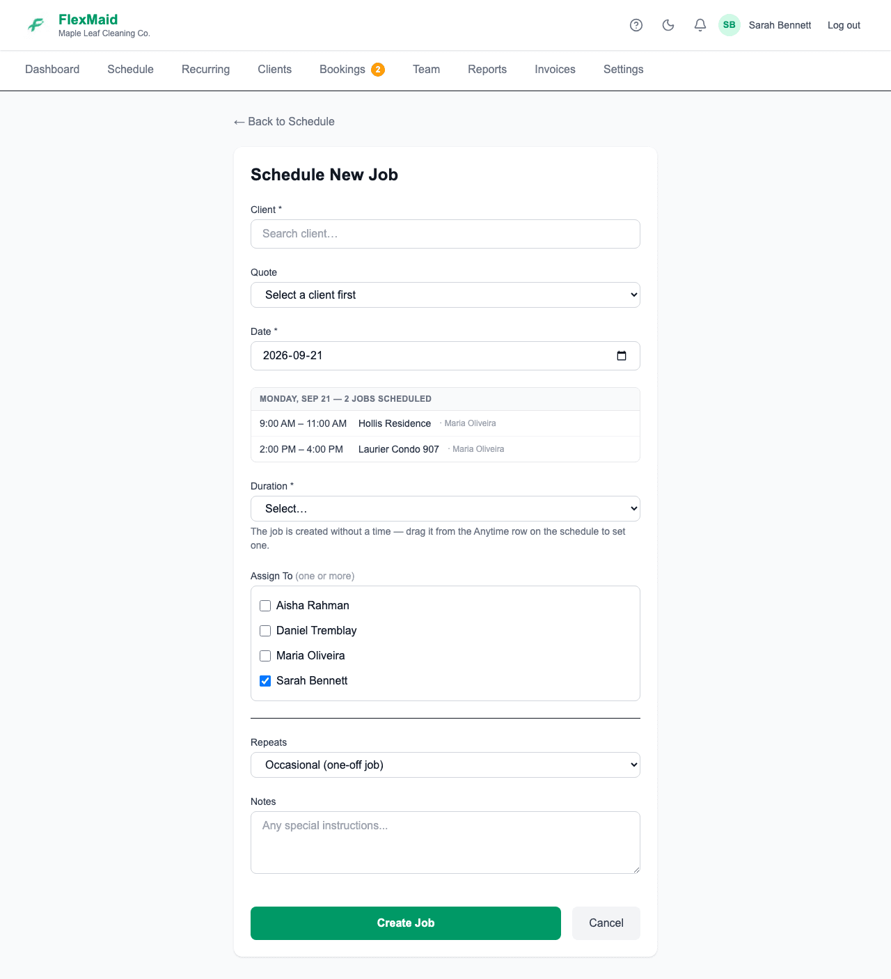 The Schedule New Job form with client, service, date, time and crew fields