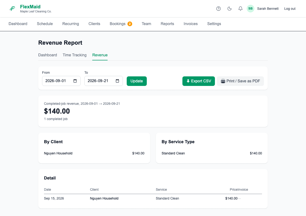 The Revenue report broken down by client and by service type