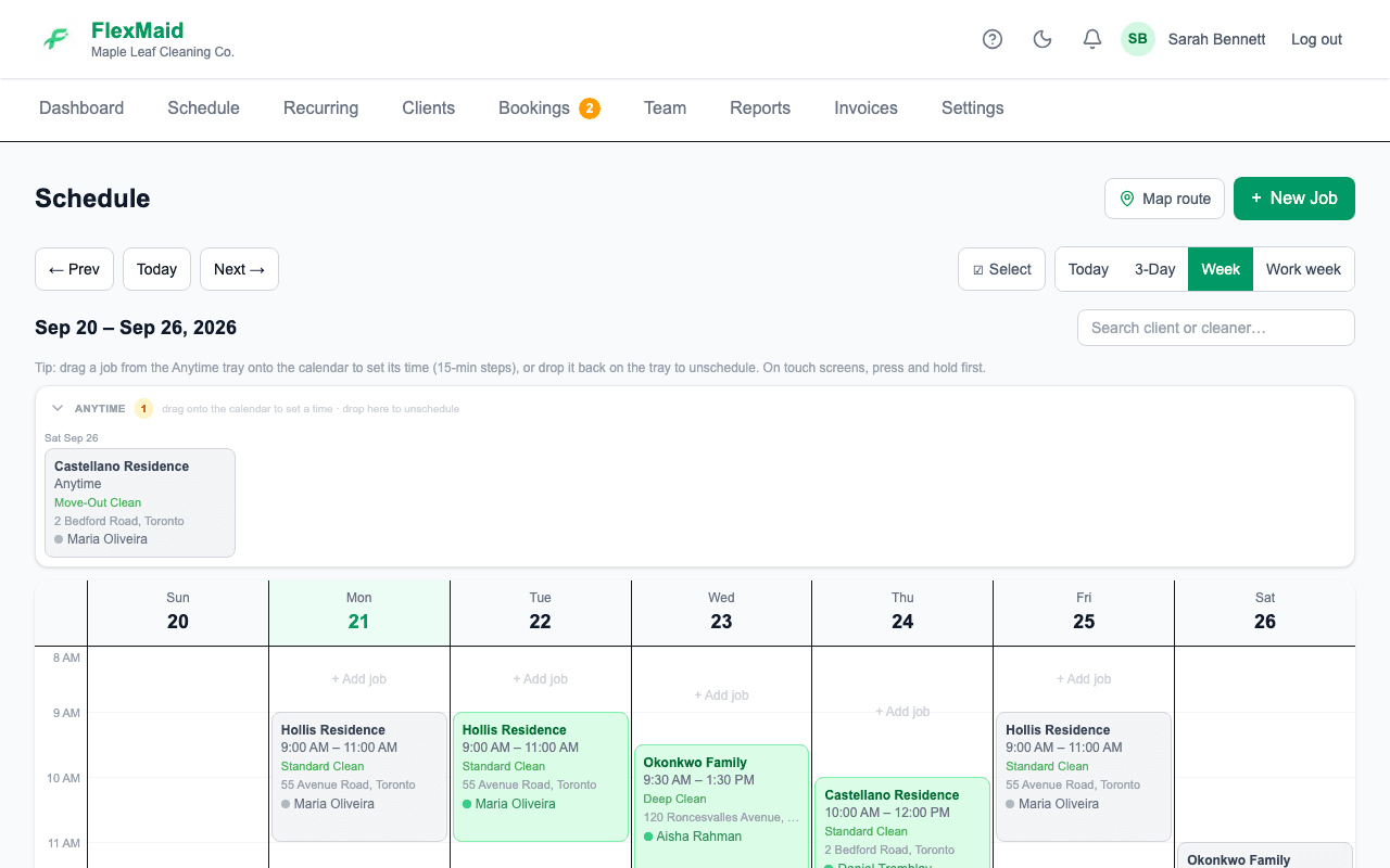 The weekly schedule grid with jobs laid out by day