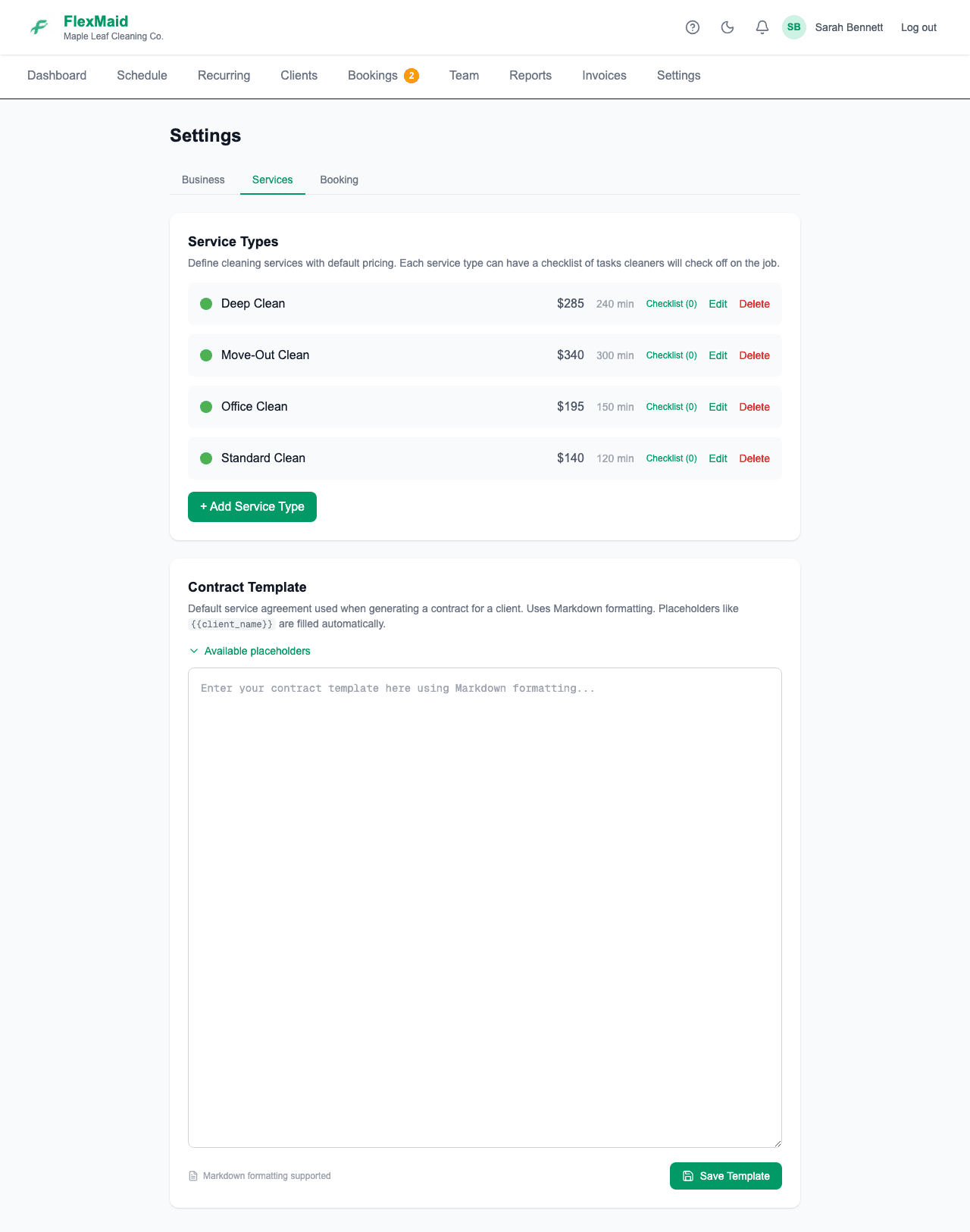 The Services tab listing service types with their price and estimated duration