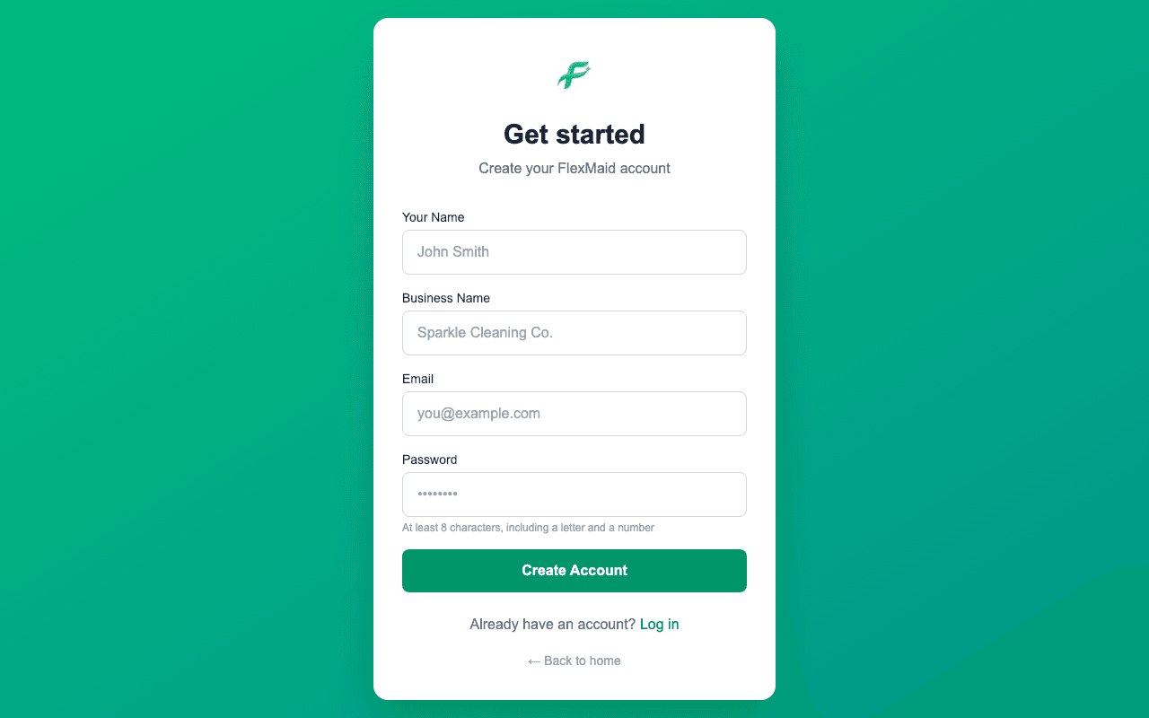 The signup form asking for your name, business name, email and password