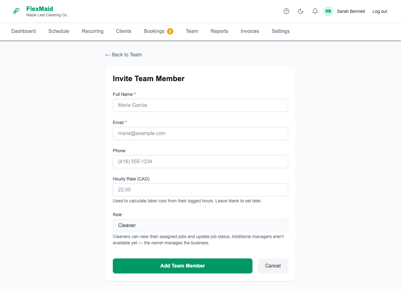 The Invite Team Member form