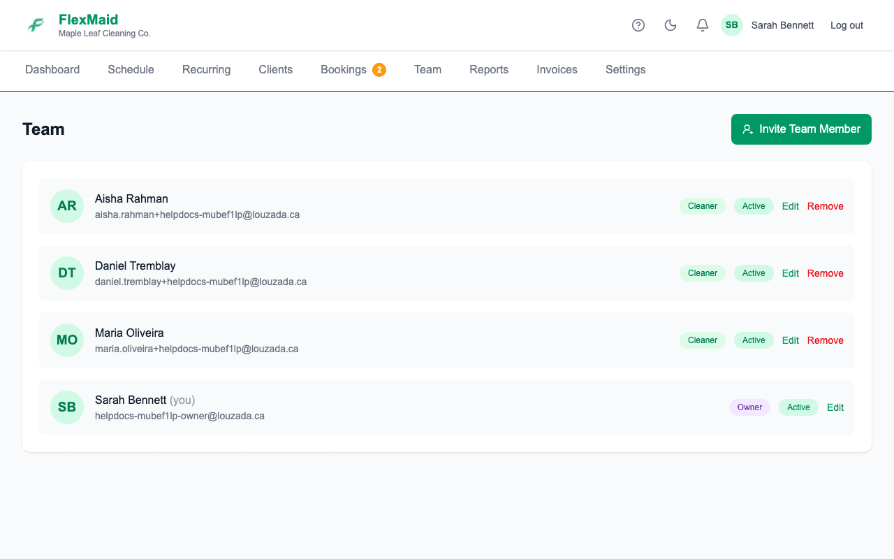 The Team page listing cleaners with their roles and hourly rates
